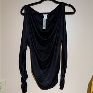 Cache Black Draped Cowl-Neck cold shoulder Long Sleeve Top